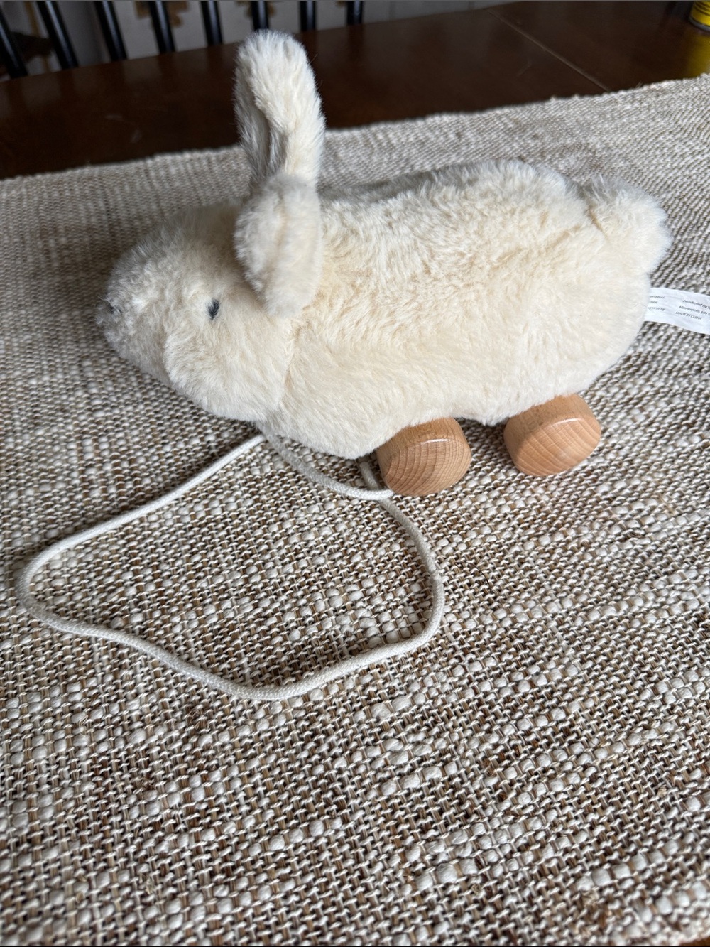 cloud island Cream Plush Bunny Pull Toy with Wooden Wheels